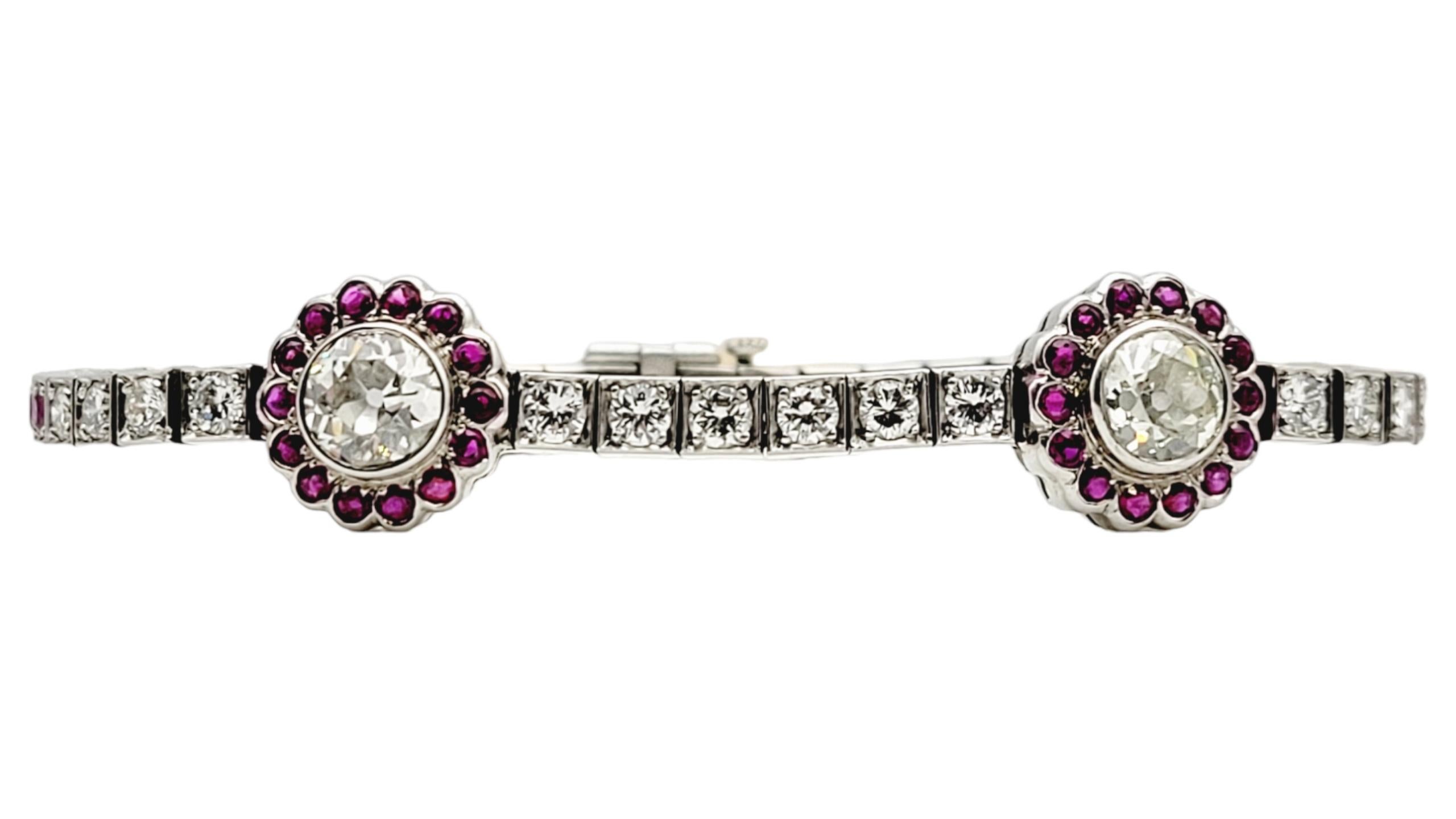 Stunning vintage Old European cut natural diamond and natural ruby station bracelet. This piece really pops with color and sparkle in person!

This incredible bracelet features 2 sparkling bezel set round Old European cut diamonds (K / SI2) accented