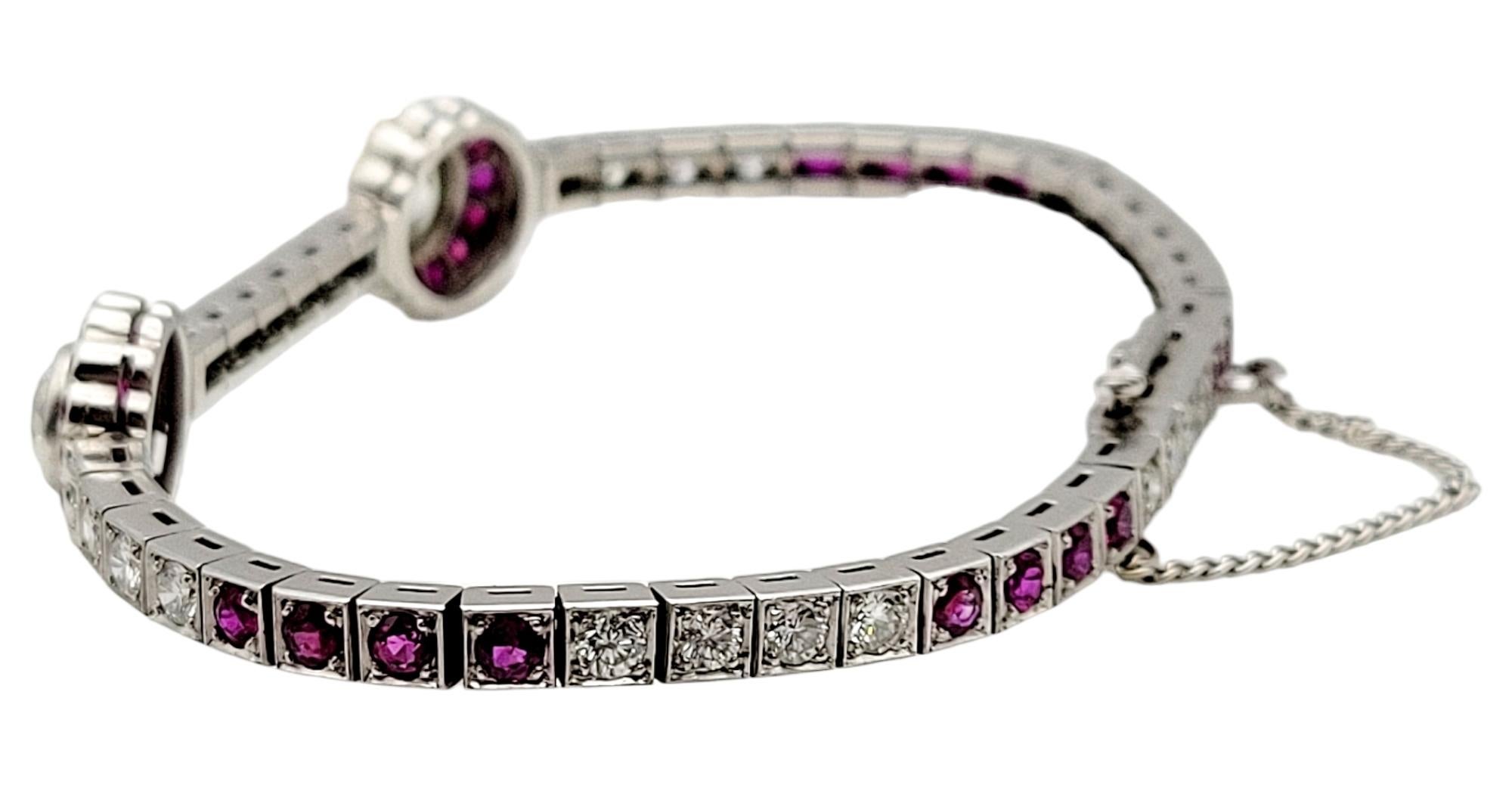 Vintage Old European Cut Diamond and Ruby Two Station Bracelet Platinum In Fair Condition In Scottsdale, AZ