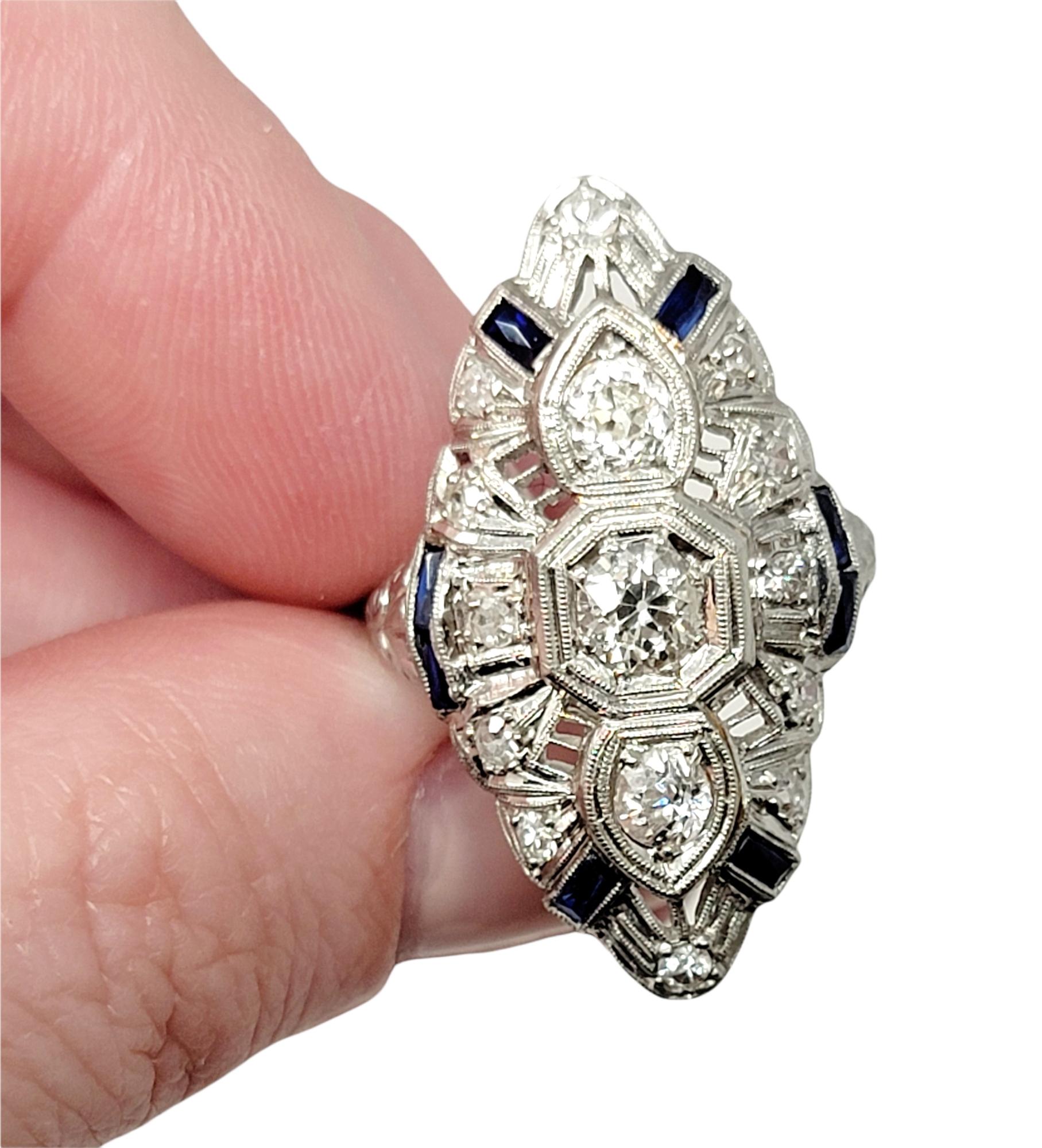 Vintage Old European Cut Diamond and Sapphire Navette Ring in Platinum For Sale 2