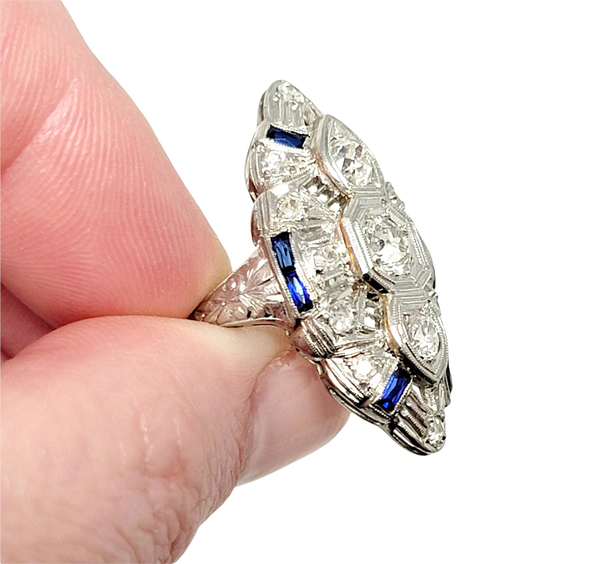 Vintage Old European Cut Diamond and Sapphire Navette Ring in Platinum For Sale 3