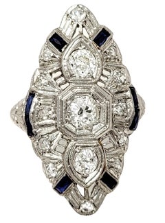 Vintage Old European Cut Diamond and Sapphire Navette Ring in Platinum