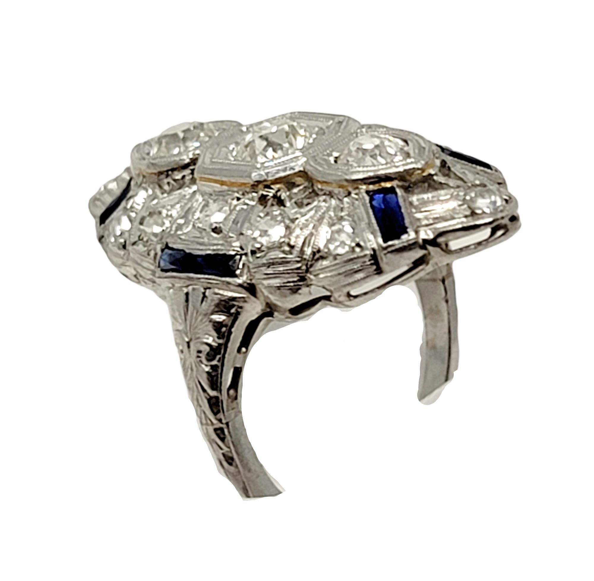 Round Cut Vintage Old European Cut Diamond and Sapphire Navette Ring in Platinum For Sale
