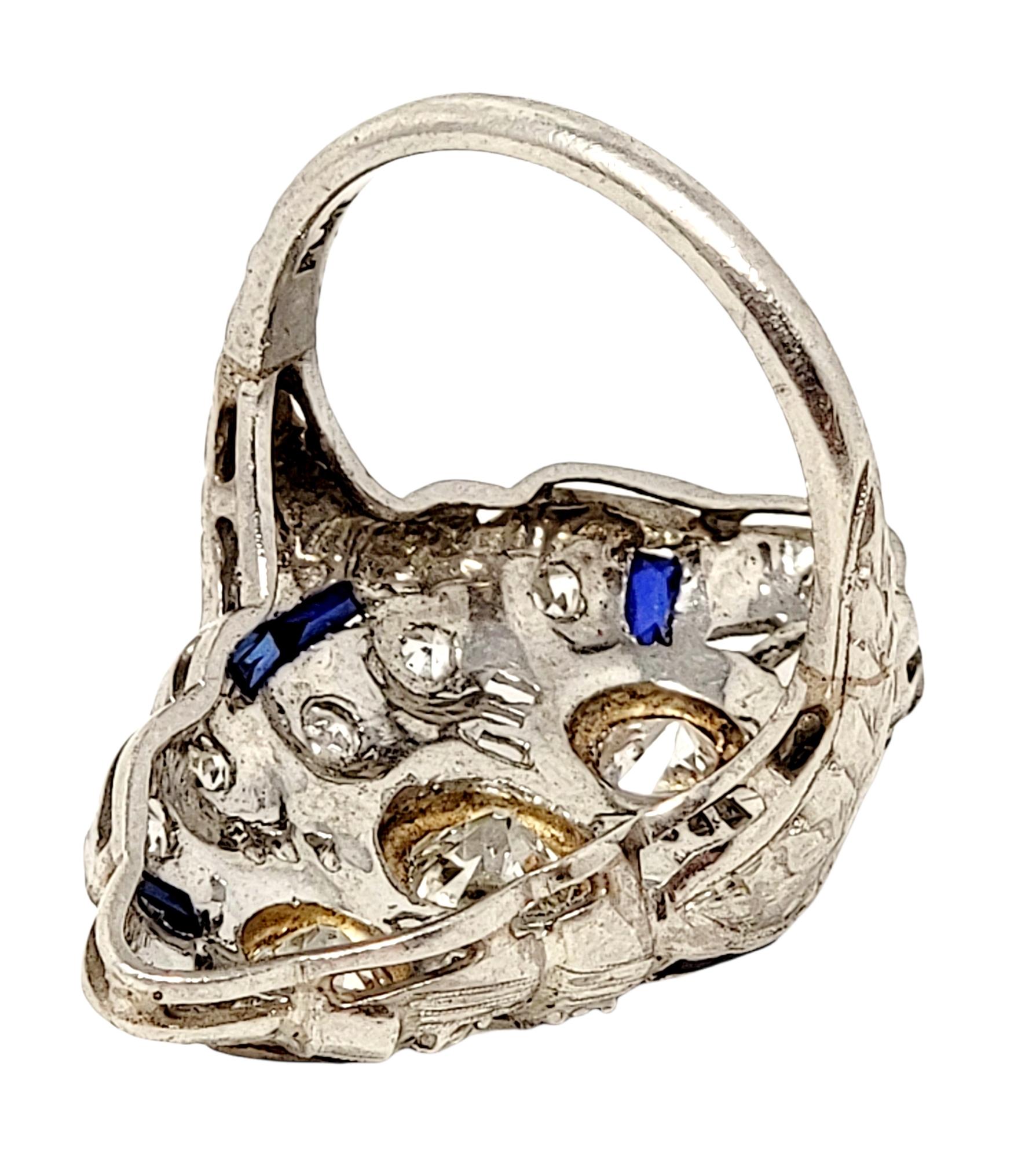 Vintage Old European Cut Diamond and Sapphire Navette Ring in Platinum In Good Condition For Sale In Scottsdale, AZ