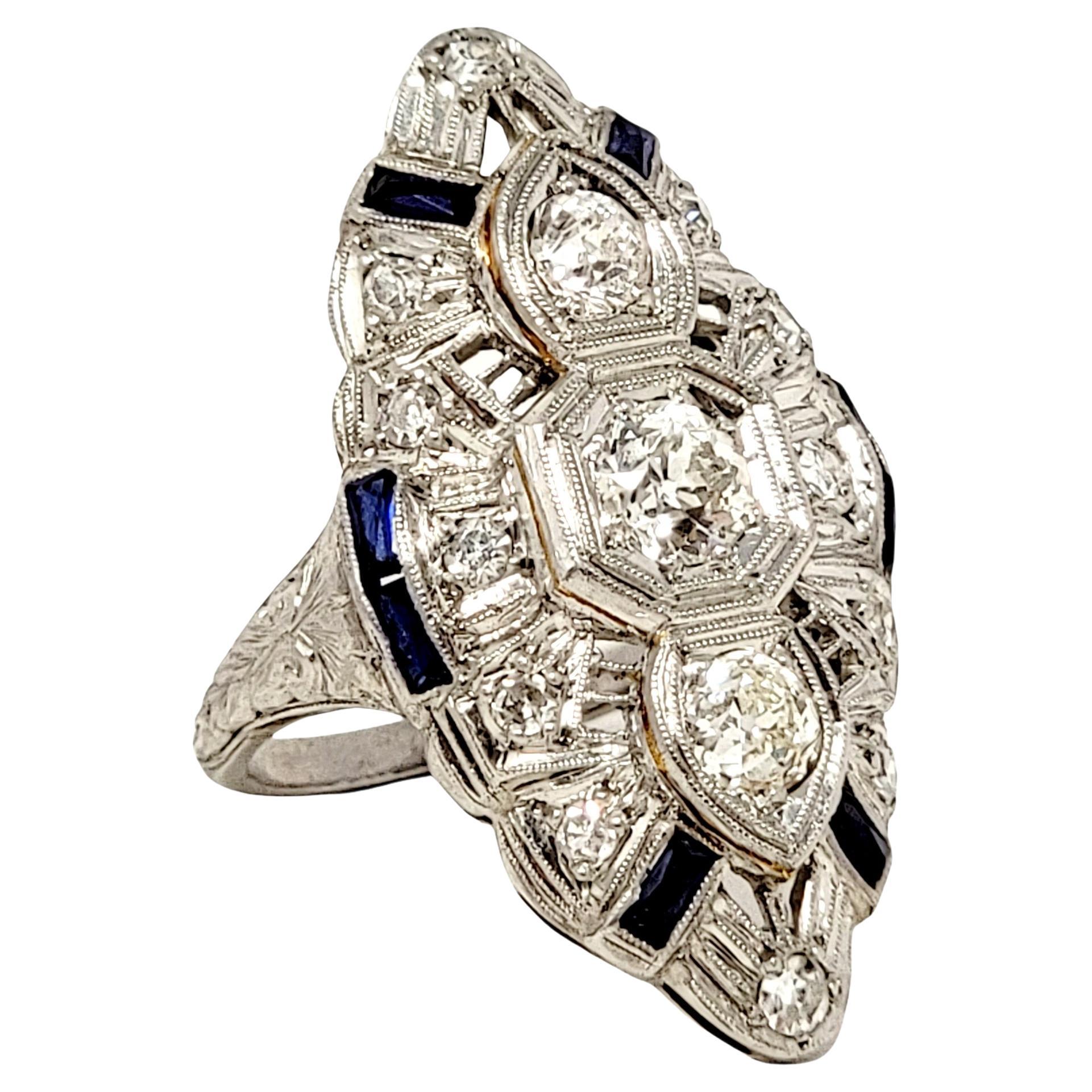 Vintage Old European Cut Diamond and Sapphire Navette Ring in Platinum For Sale
