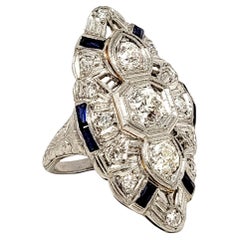 Antique Old European Cut Diamond and Sapphire Navette Ring in Platinum