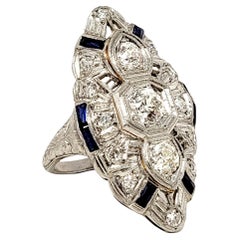 Vintage Old European Cut Diamond and Sapphire Navette Ring in Platinum