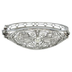 Vintage Old European Cut Diamond Filigree Bangle Bracelet in 14 Karat White Gold