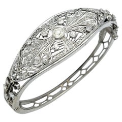 Vintage Old European Cut Diamond Filigree Bangle Bracelet in 14 Karat White Gold