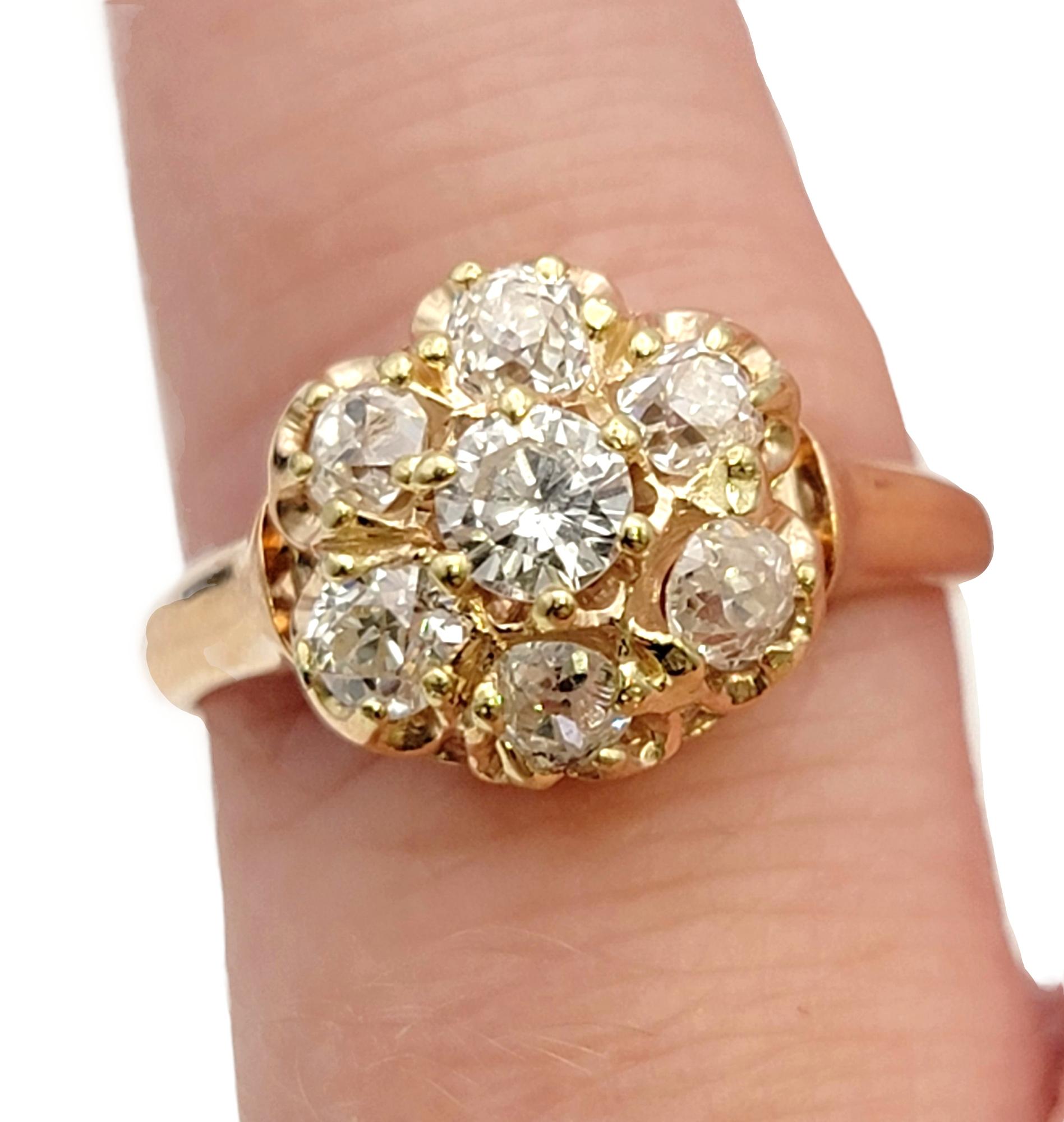 Vintage Old European Cut Diamond Flower Cluster Ring in 14 Karat Yellow Gold For Sale 2