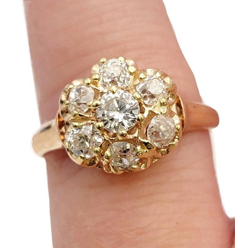 Vintage Old European Cut Diamond Flower Cluster Ring in 14 Karat Yellow
