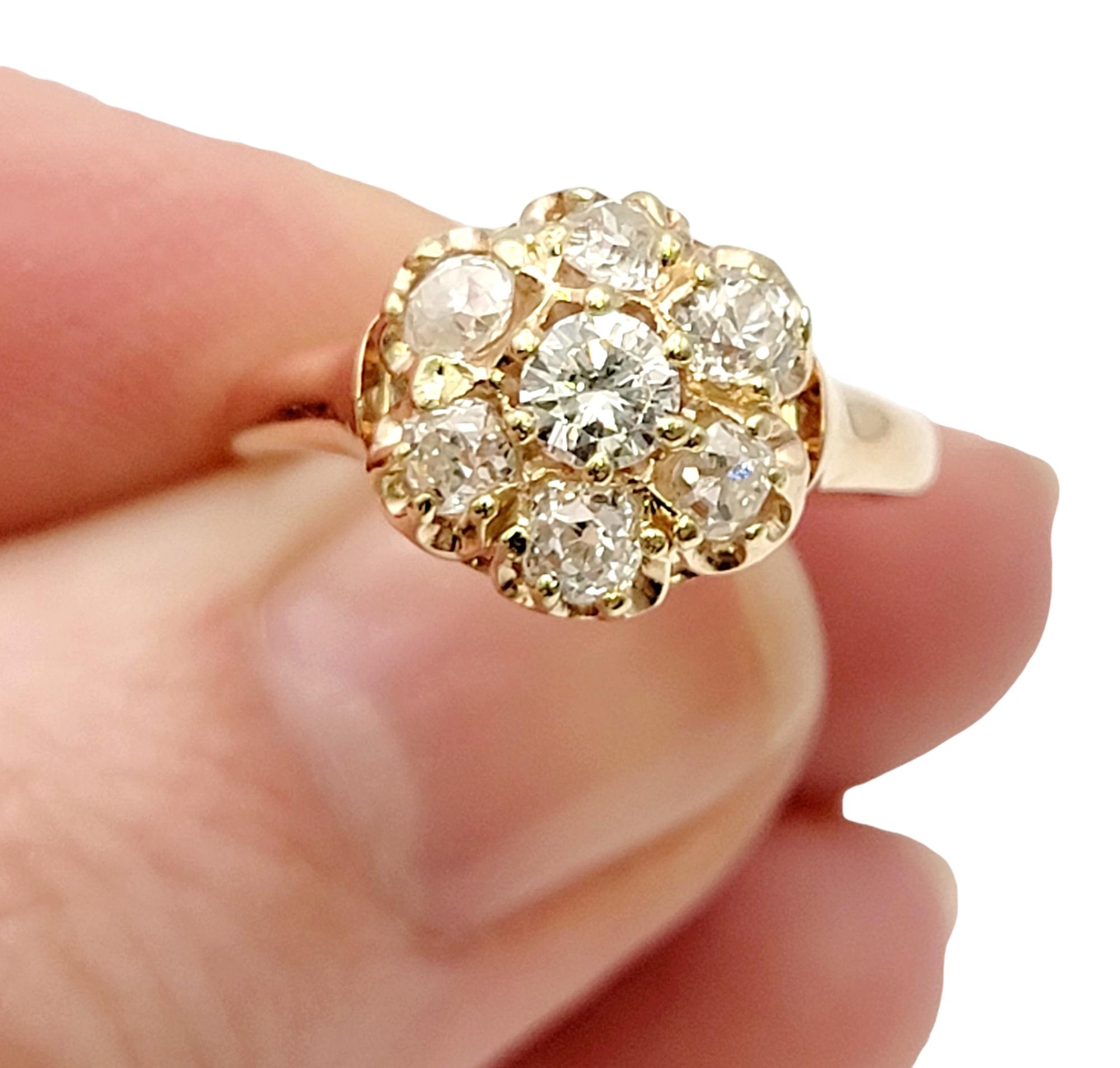 Vintage Old European Cut Diamond Flower Cluster Ring in 14 Karat Yellow Gold For Sale 3