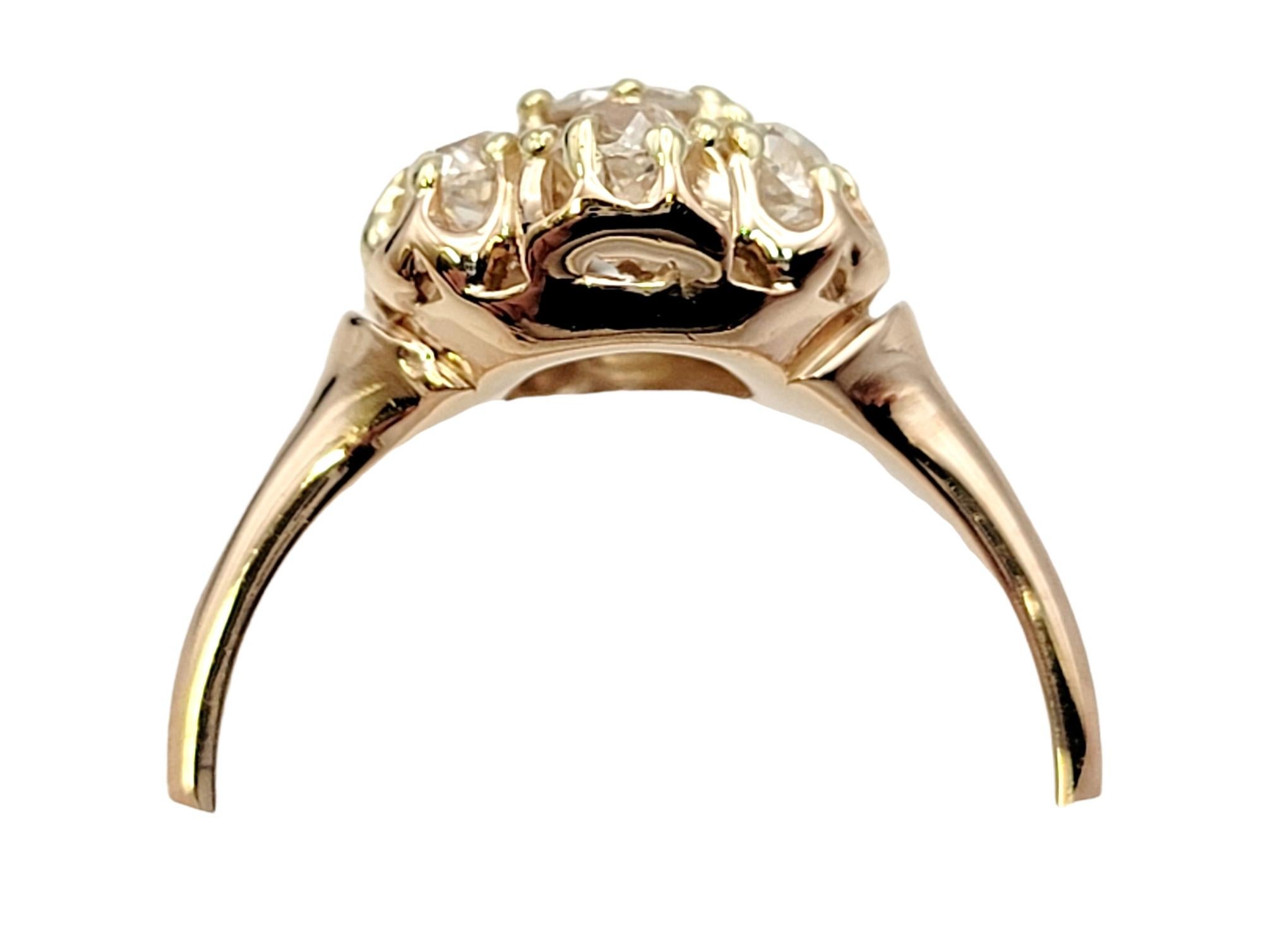Victorian Vintage Old European Cut Diamond Flower Cluster Ring in 14 Karat Yellow Gold For Sale