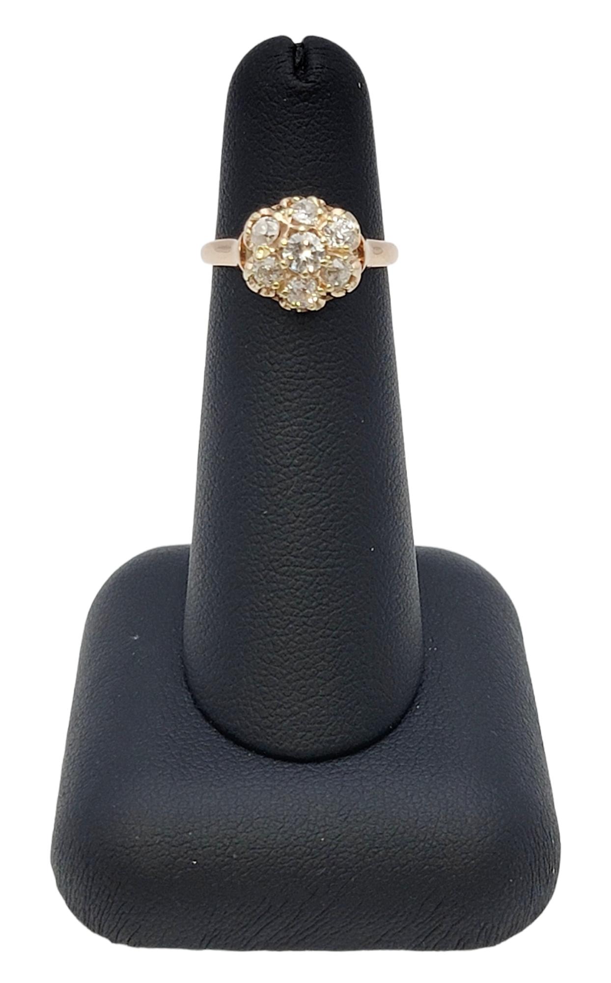 Women's Vintage Old European Cut Diamond Flower Cluster Ring in 14 Karat Yellow Gold For Sale