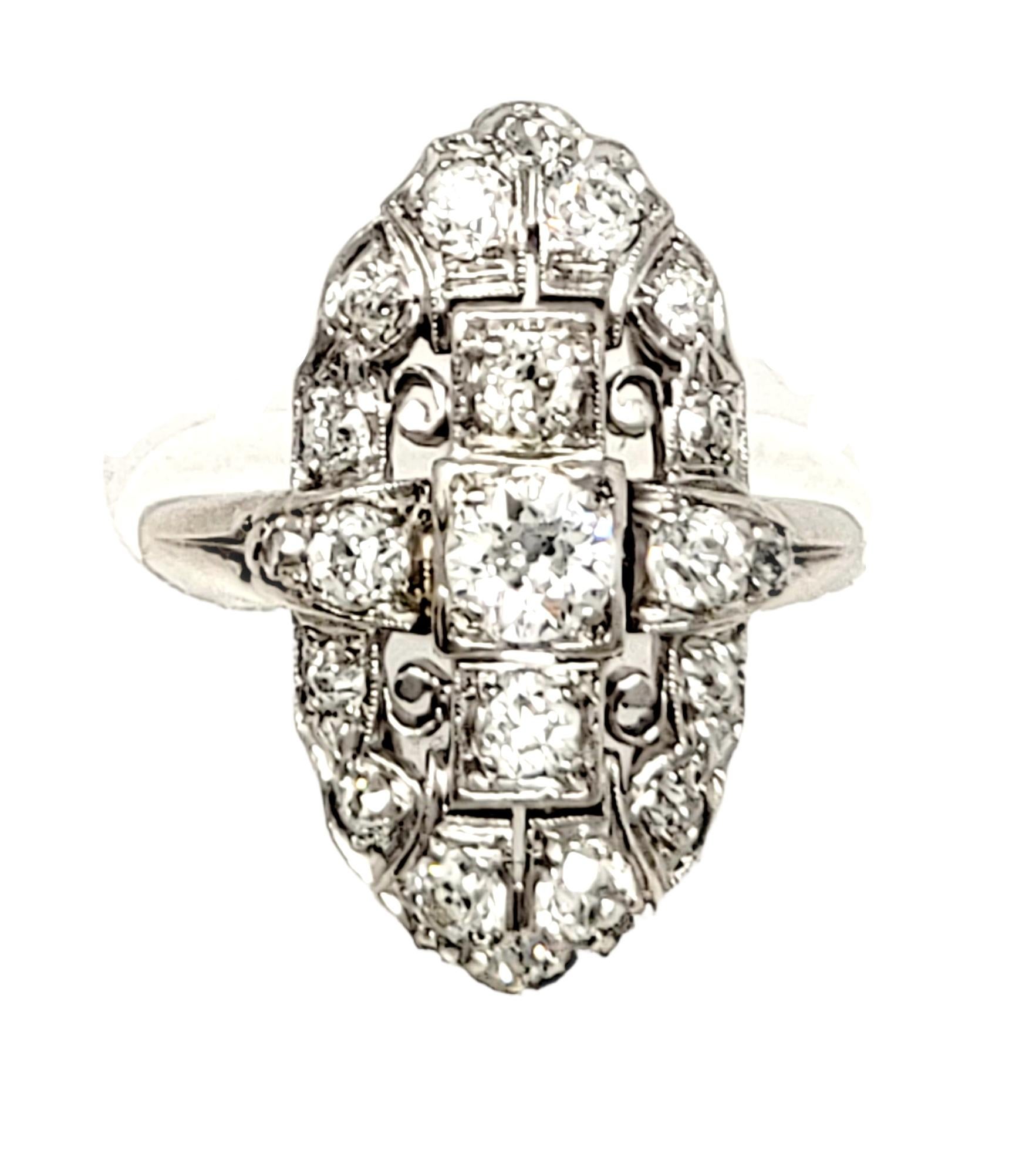 Vintage Old European Cut Diamond Navette Ring in Palladium 1.75 Carats Total For Sale 5