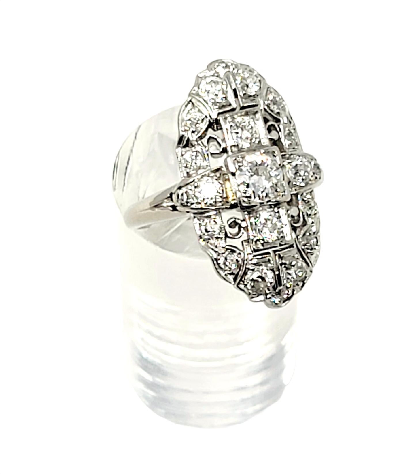 Vintage Old European Cut Diamond Navette Ring in Palladium 1.75 Carats Total For Sale 1