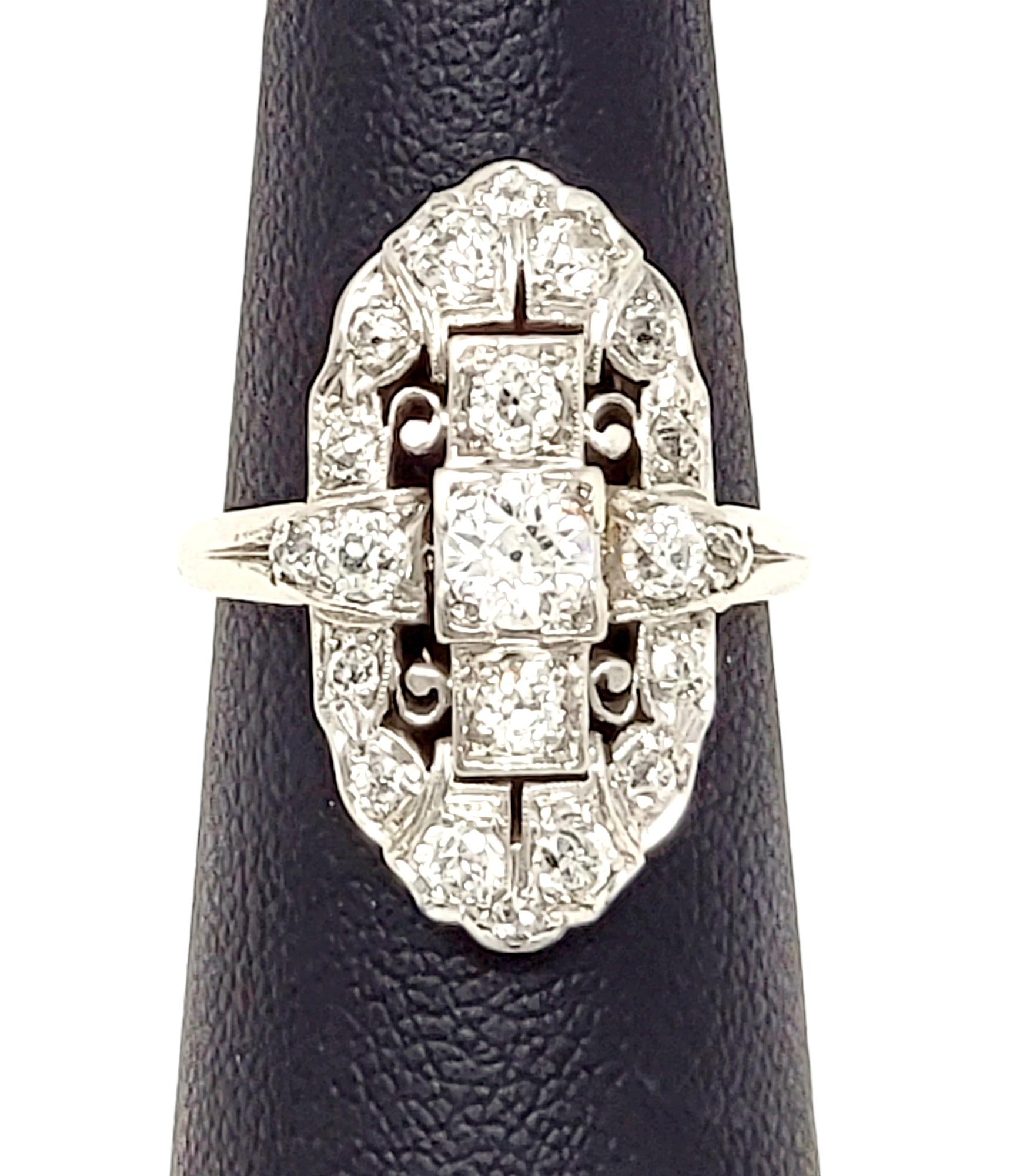 Vintage Old European Cut Diamond Navette Ring in Palladium 1.75 Carats Total For Sale 3