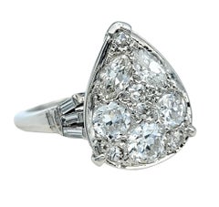 Vintage Old European Cut Diamond Pear Shaped Cluster Ring 14 Karat White Gold