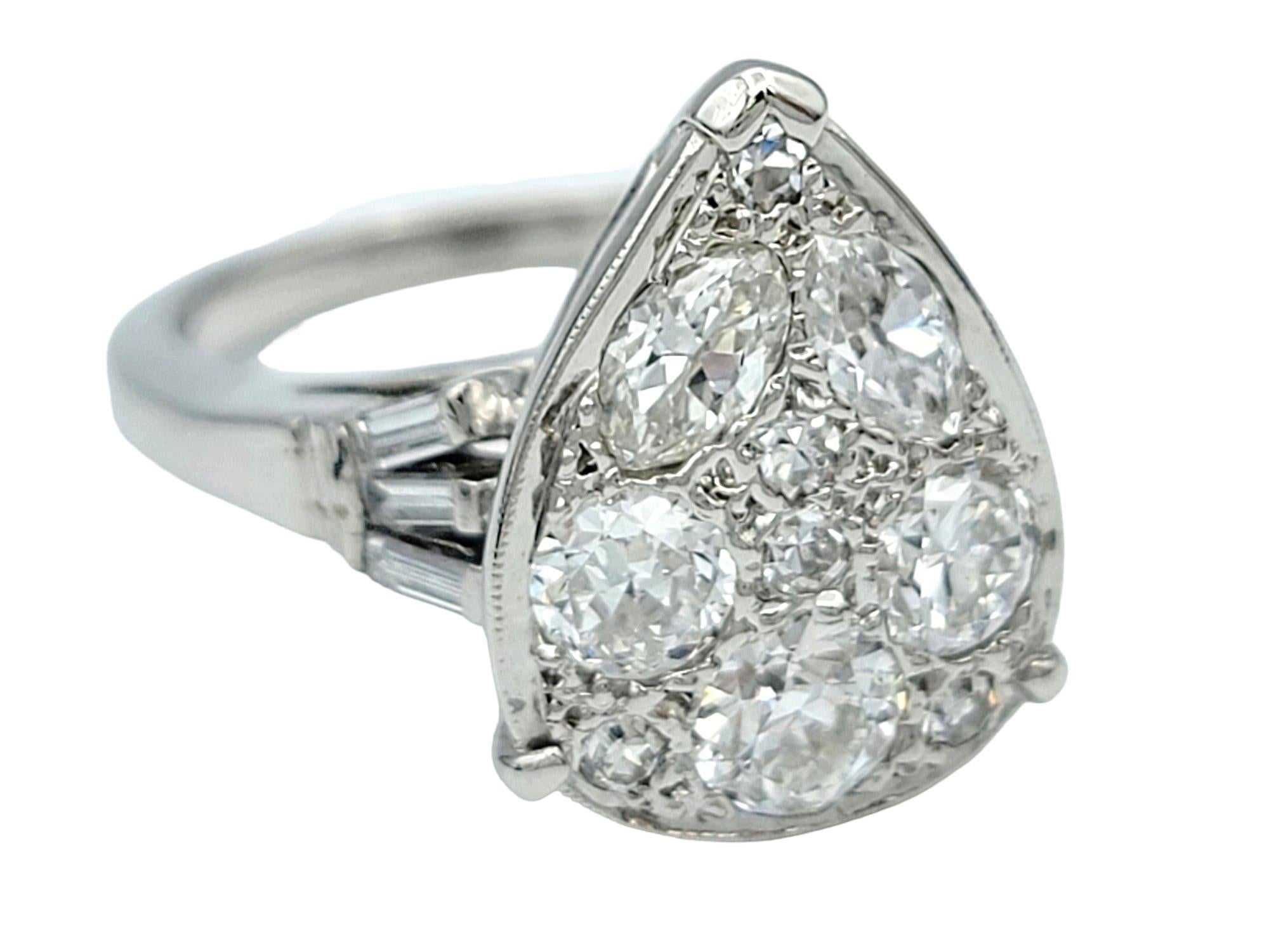 Contemporary Vintage Old European Cut Diamond Pear Shaped Cluster Ring 14 Karat White Gold For Sale