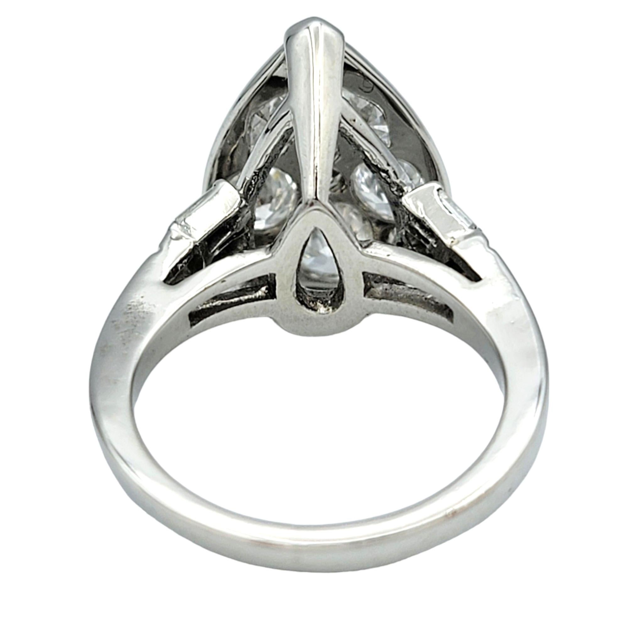 Vintage Old European Cut Diamond Pear Shaped Cluster Ring 14 Karat White Gold For Sale 1
