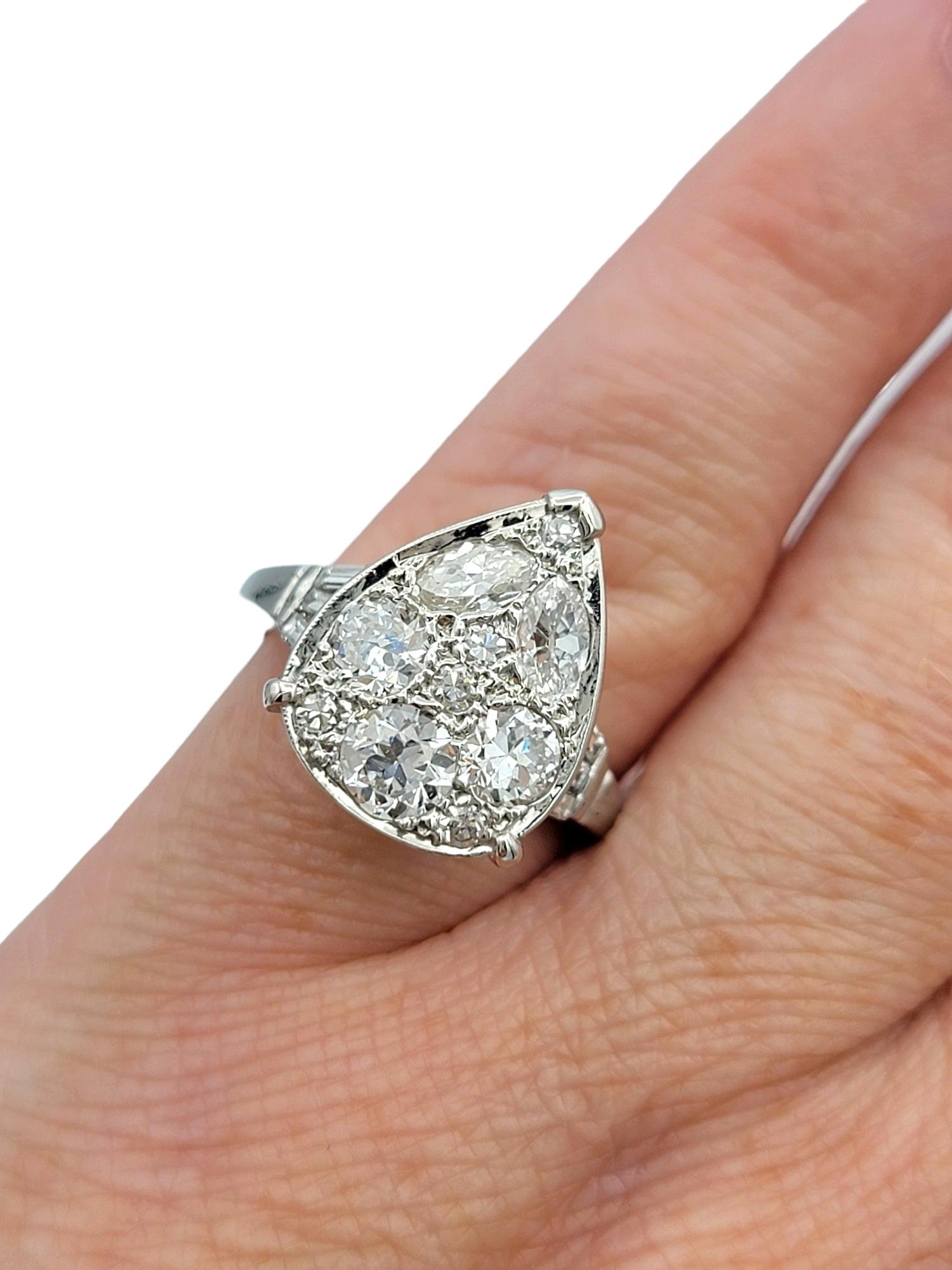 Vintage Old European Cut Diamond Pear Shaped Cluster Ring 14 Karat White Gold For Sale 2