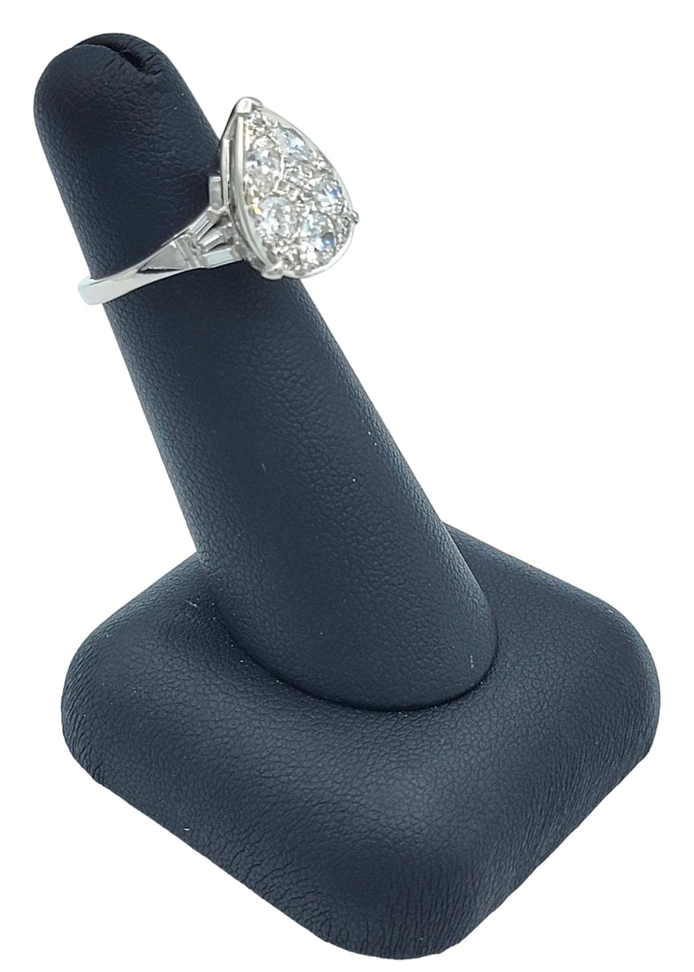 Vintage Old European Cut Diamond Pear Shaped Cluster Ring 14 Karat White Gold For Sale 3
