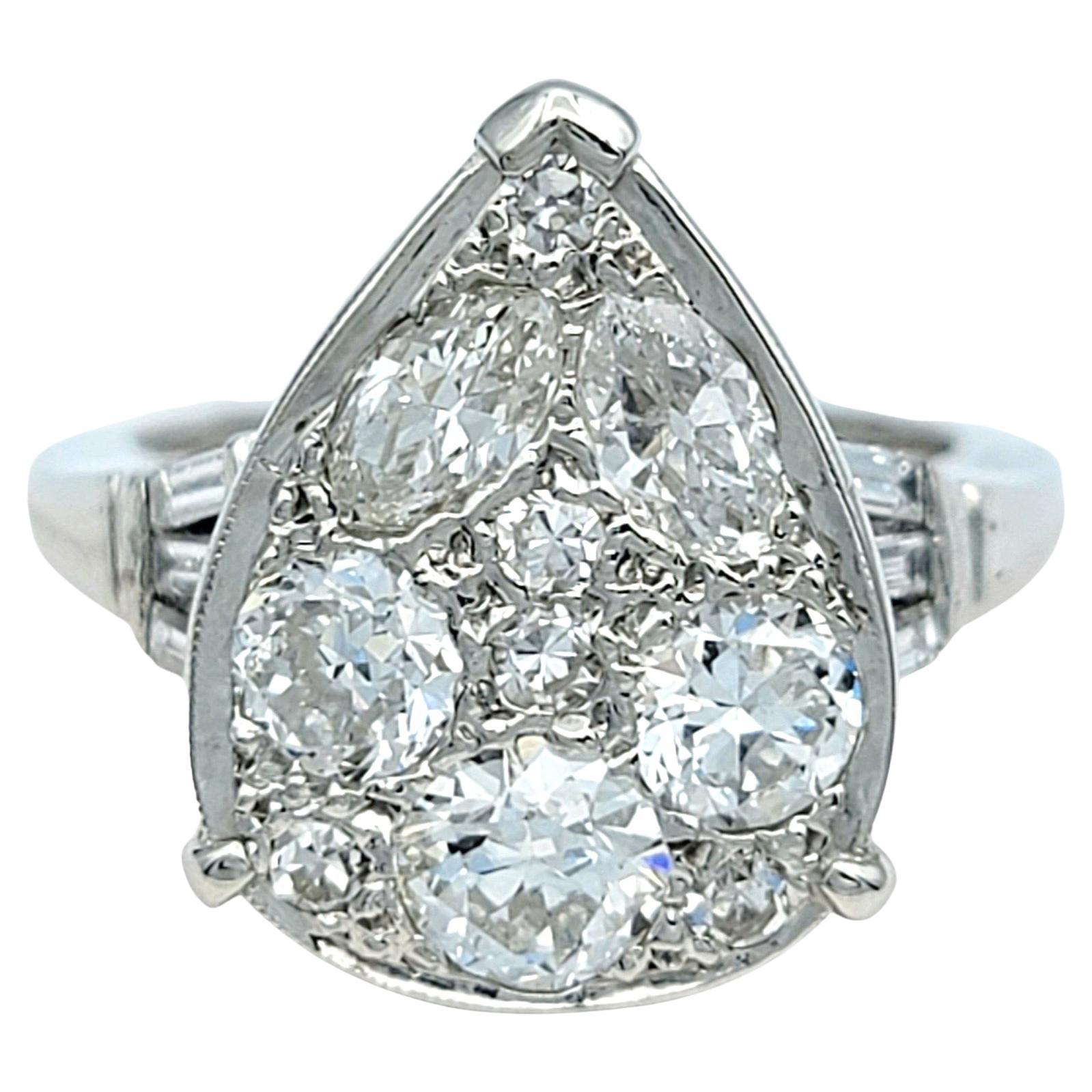 Vintage Old European Cut Diamond Pear Shaped Cluster Ring 14 Karat White Gold For Sale