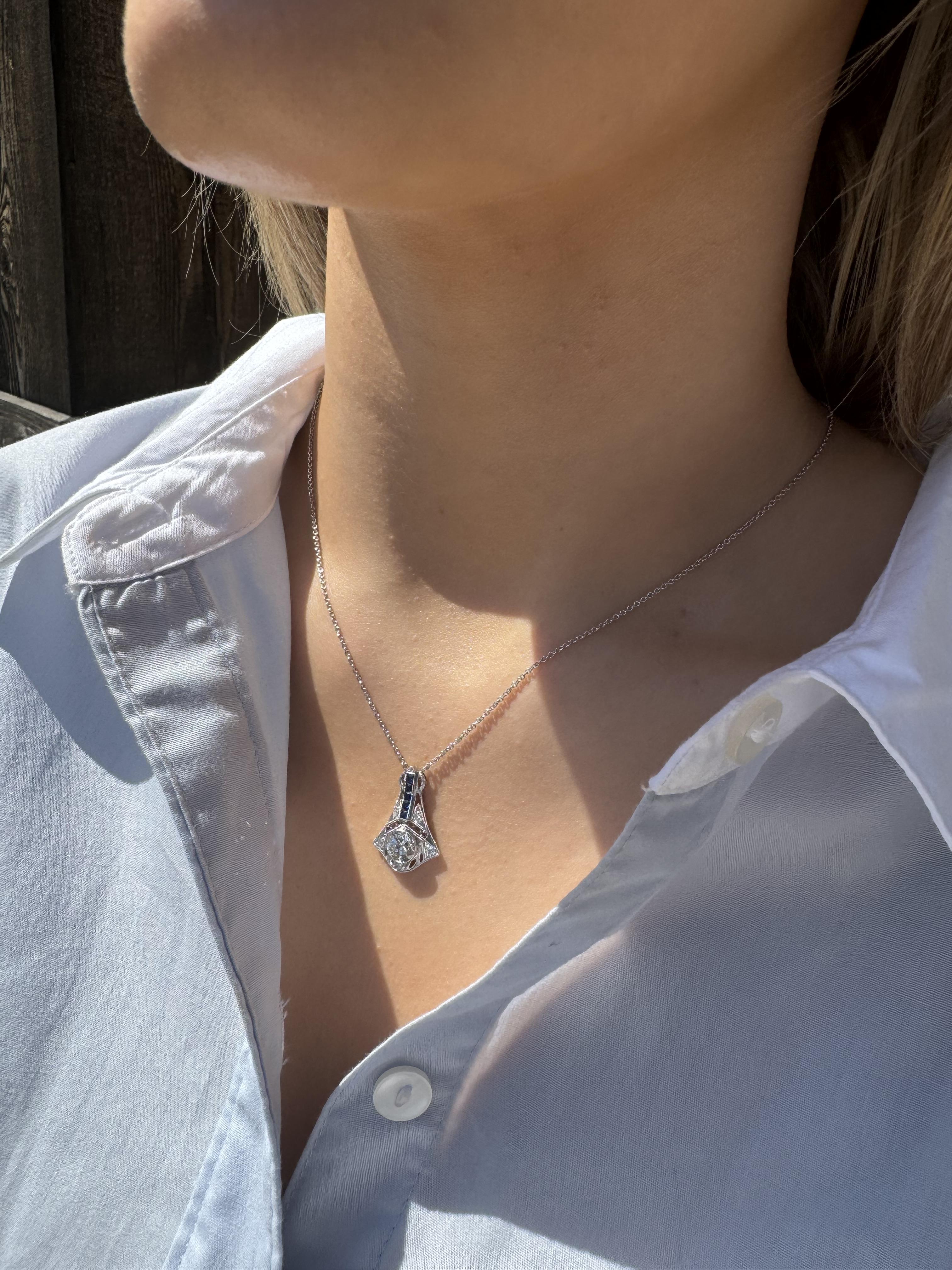 Hi We are loving this unique vintage beauty!!
Perfect for everyday love & wear!!

Necklace Details
Material: Platinum Pendant 14K White Gold Chain
Pendant Length: 1 Inch
Pendant Width: 5/8 Inch
Weight: 4.2 Grams
Chain Length: 16 Inches
Chain Can Be
