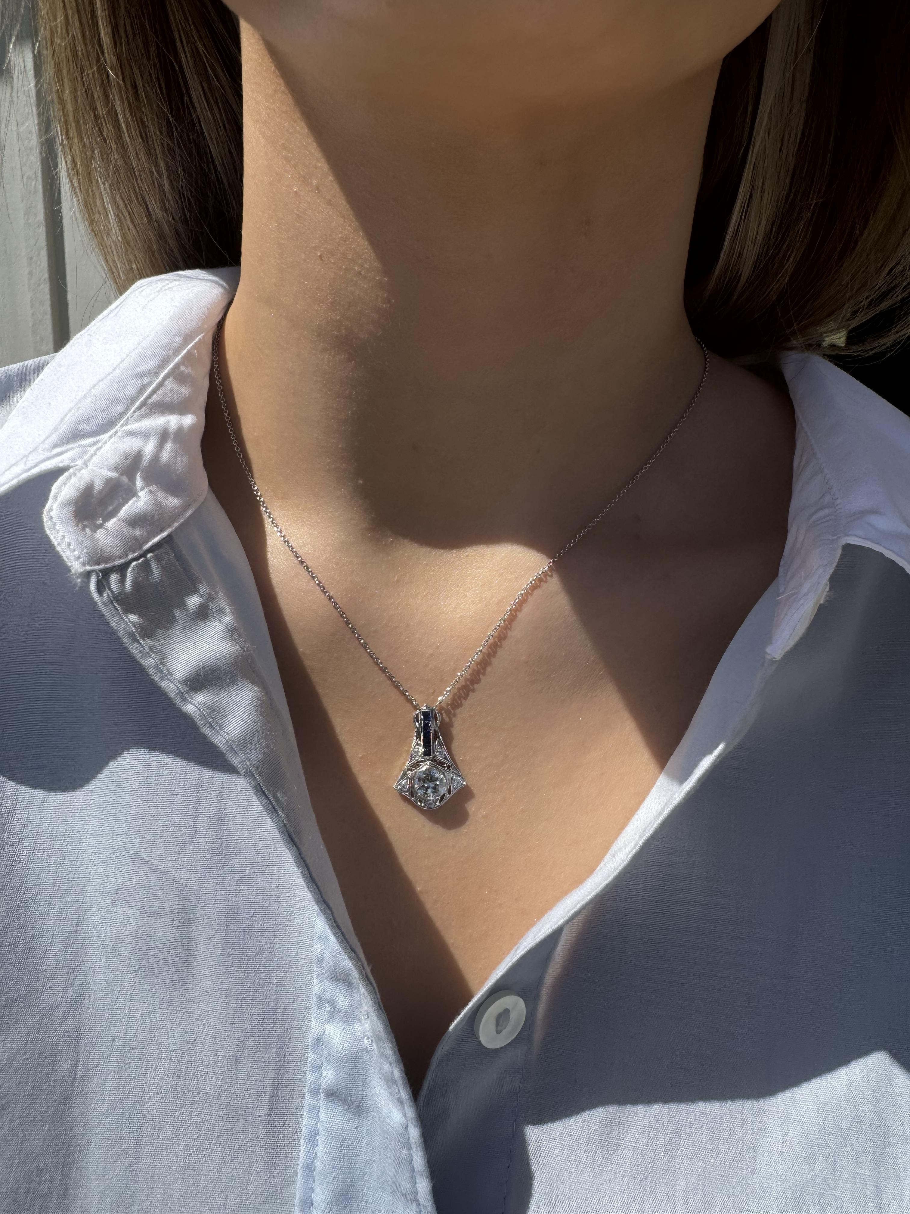 Vintage Old European Cut Diamond & Sapphire Drop Pendant Necklace In Good Condition For Sale In Montgomery, AL