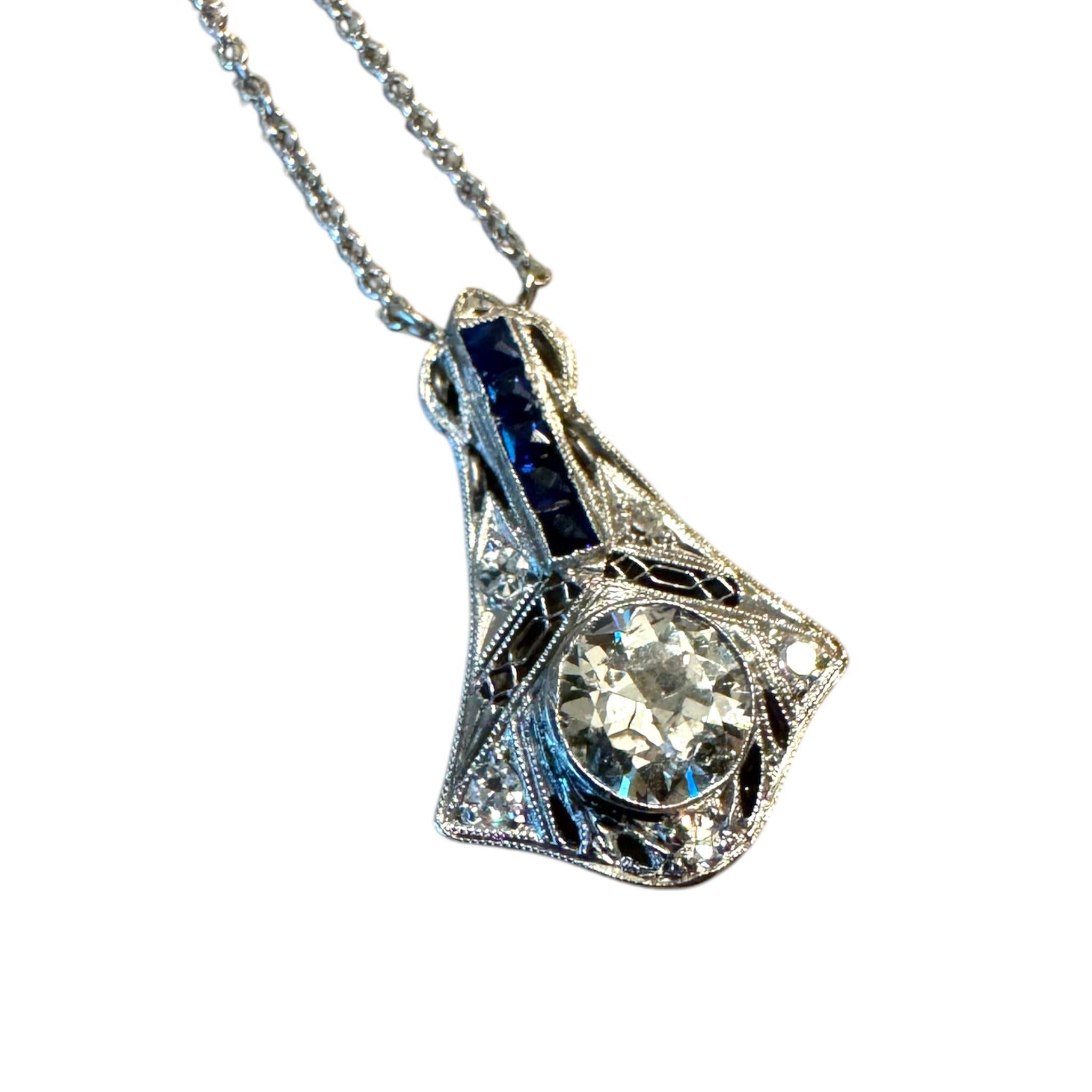 Vintage Old European Cut Diamond & Sapphire Drop Pendant Necklace For Sale 2