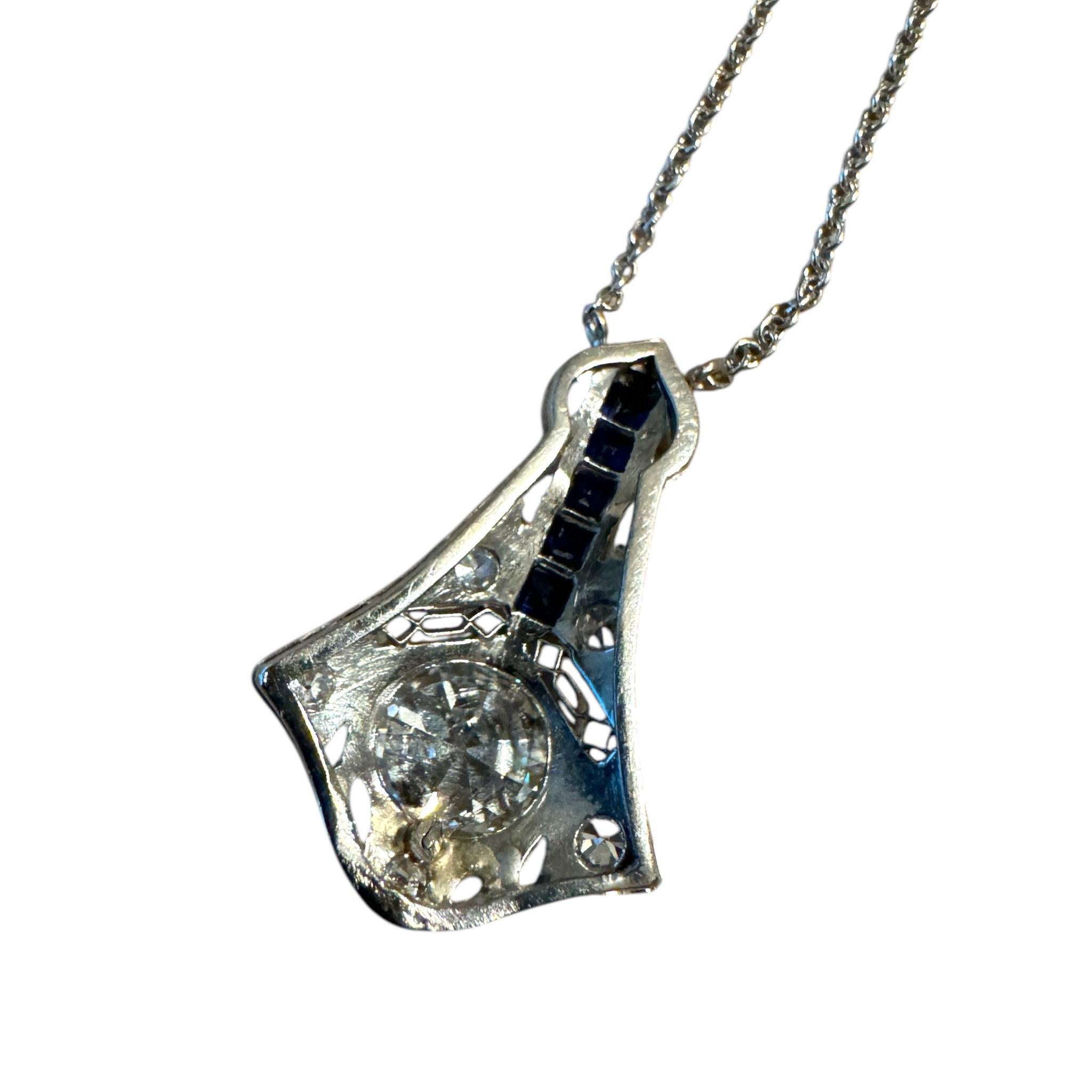 Vintage Old European Cut Diamond & Sapphire Drop Pendant Necklace For Sale 3