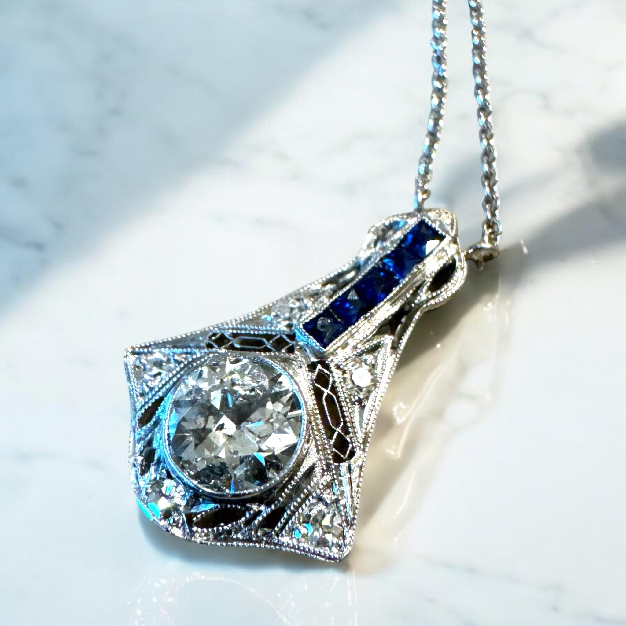 Vintage Old European Cut Diamond & Sapphire Drop Pendant Necklace For Sale 4