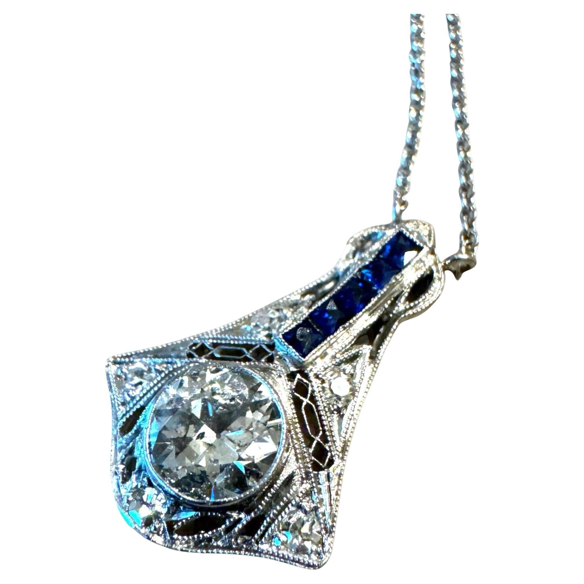 Collar colgante vintage de diamantes y zafiros talla europea antigua