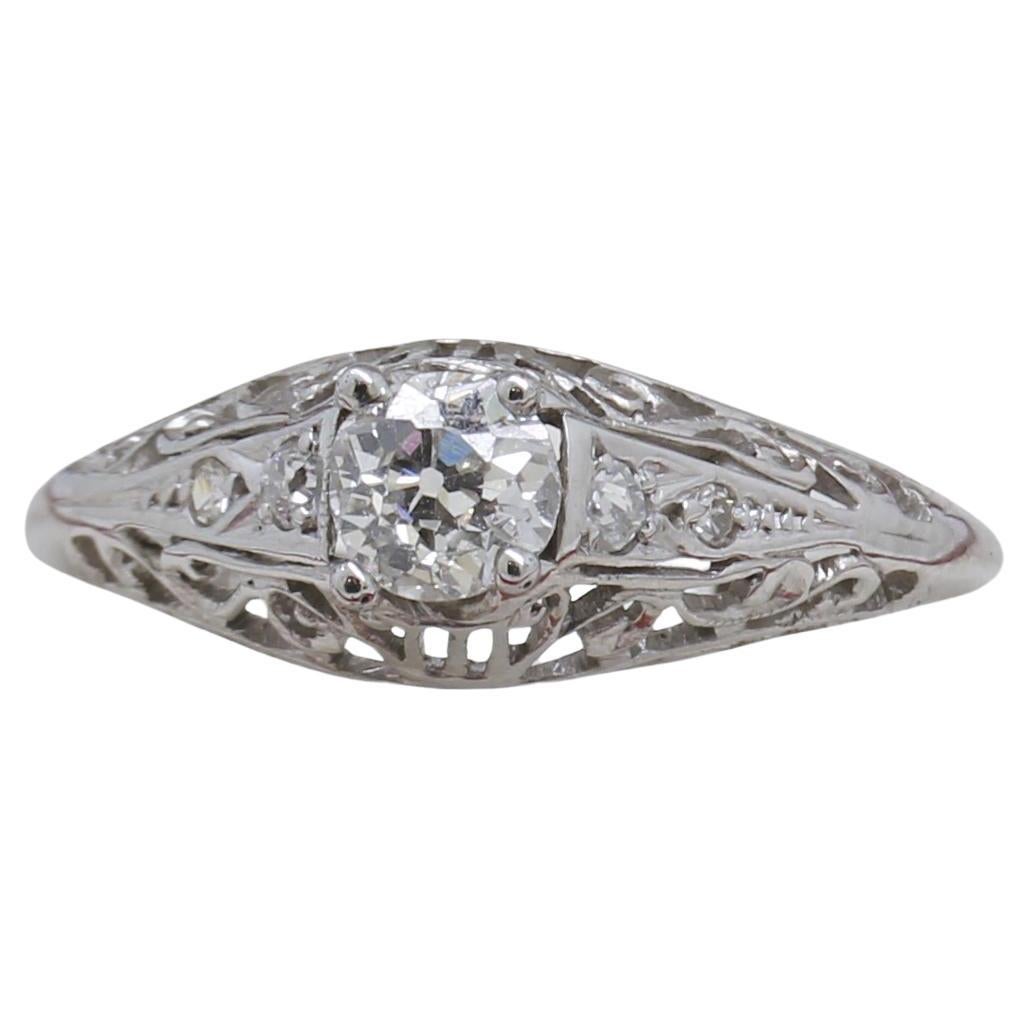 Vintage Old European Cut White Gold Ring For Sale