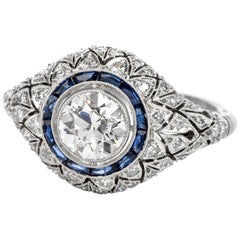 Old European Diamond Blue Sapphire Platinum Floral Open-Work Cocktail Ring