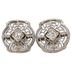 Antique Old European Diamond Filigree Design 14k White Gold Button Earrings