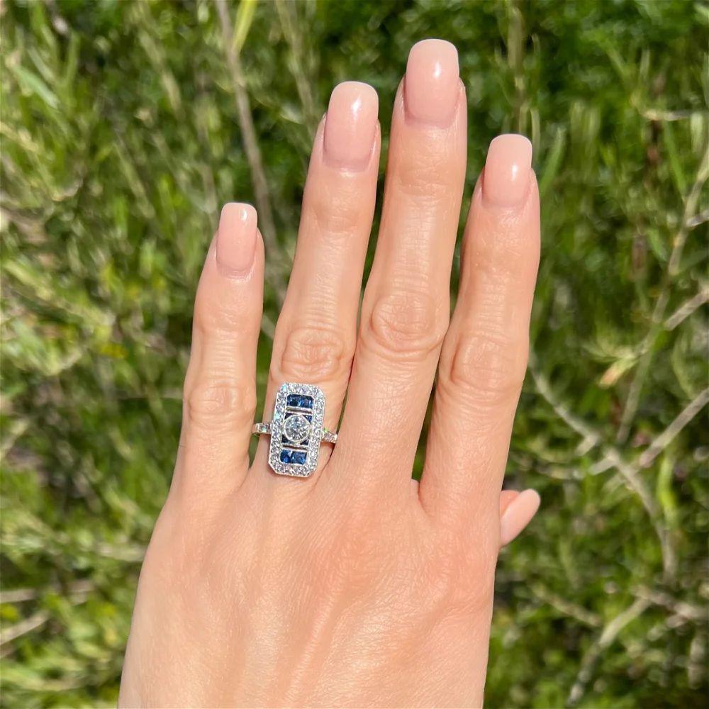 Art Deco Vintage Old European Diamond GIA and French Cut Sapphire Platinum Cocktail Ring For Sale