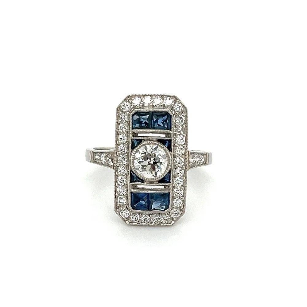 Mixed Cut Vintage Old European Diamond GIA and French Cut Sapphire Platinum Cocktail Ring For Sale
