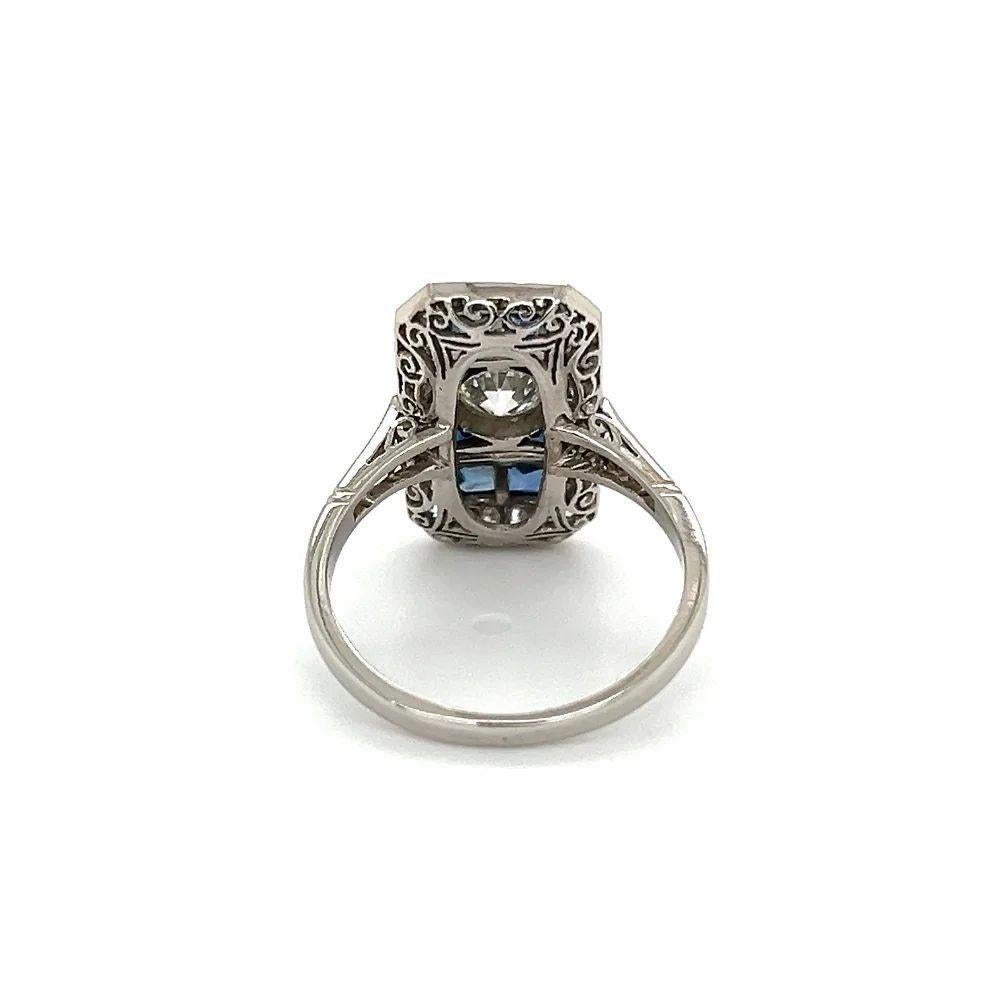 Vintage Old European Diamond GIA and French Cut Sapphire Platinum Cocktail Ring In Excellent Condition For Sale In Montreal, QC
