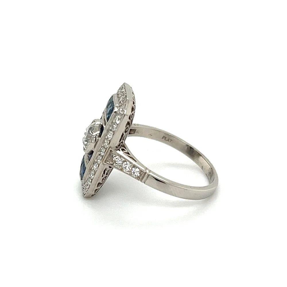 Women's Vintage Old European Diamond GIA and French Cut Sapphire Platinum Cocktail Ring For Sale