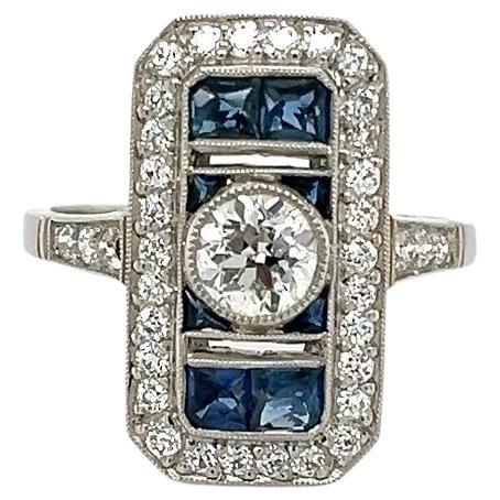 Vintage Old European Diamond GIA and French Cut Sapphire Platinum Cocktail Ring For Sale