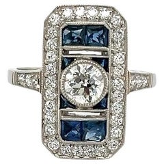 Vintage Old European Diamond GIA and French Cut Sapphire Platinum Cocktail Ring