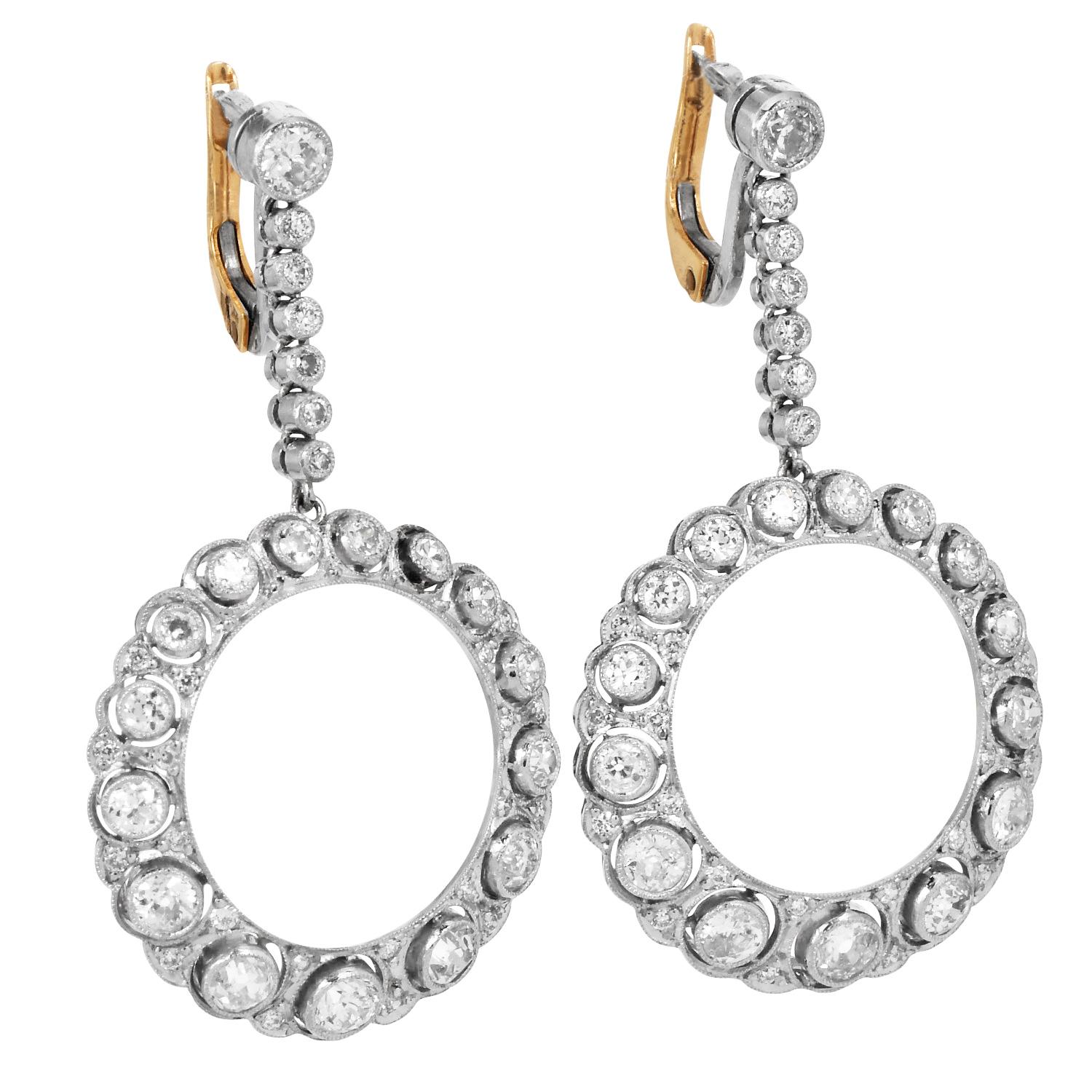 Taglio antico europeo Orecchini a cerchio in platino con diamanti europei d'epoca in vendita