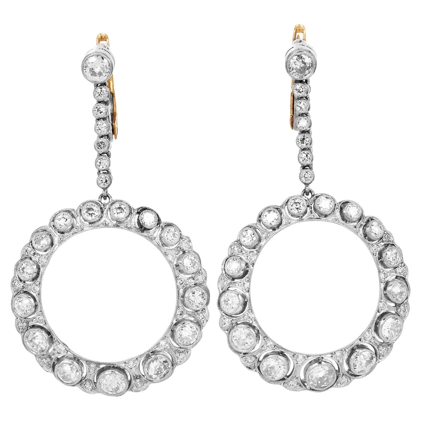 Vintage Old European Diamond Platinum Circle Drop Earrings