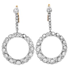 Boucles d'oreilles pendantes en forme de cercle en platine avec diamant européen d'époque