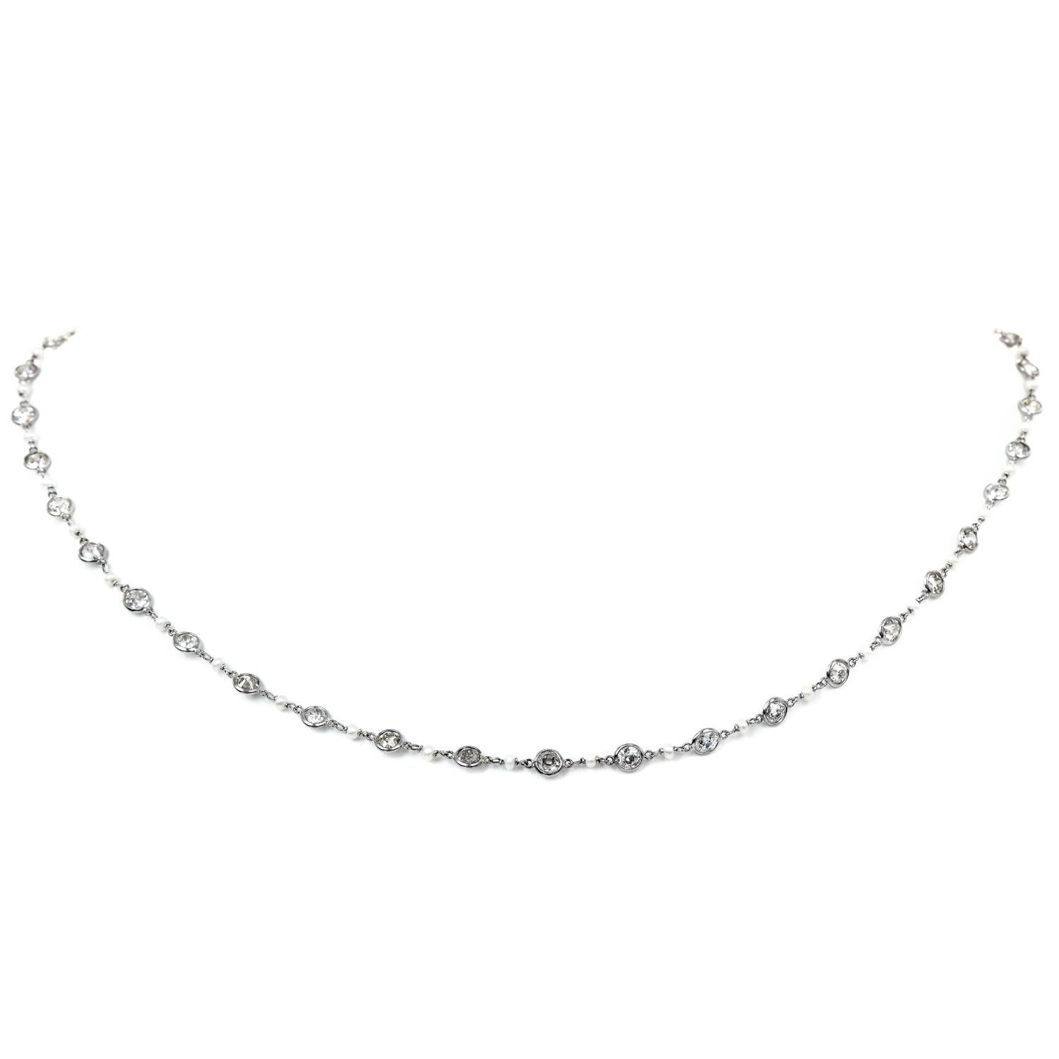 This shimmering and wearable diamond chain necklace is hand-crafted in solid platinum.

Weighing 6.2 grams and measuring 17.75” long. Exposing bezel-set, with approx. 38 high-quality round-cut diamonds, bezel-set, weighing approximately,