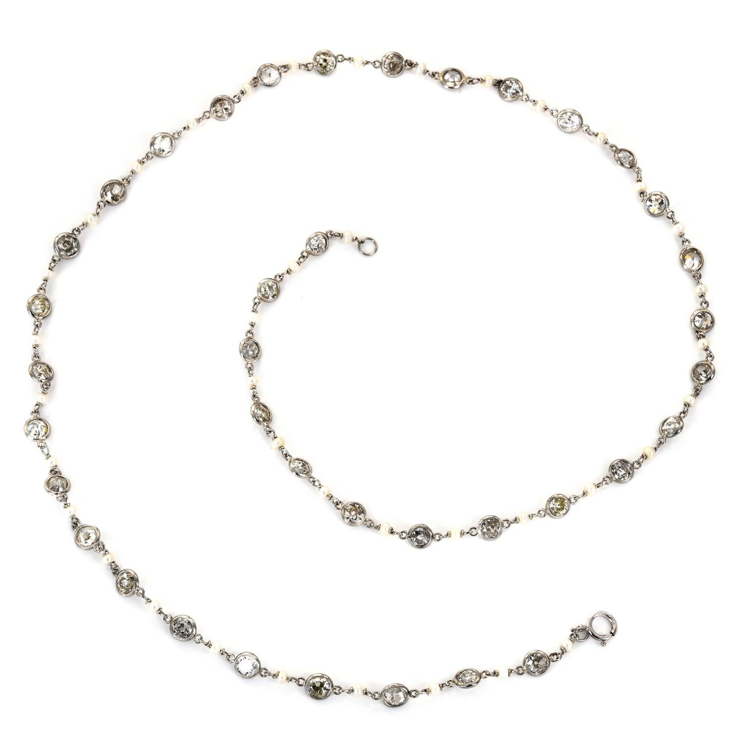 Vintage Old European Diamond Seed Pearl Platinum Link Chain Neckalce In Excellent Condition In Miami, FL