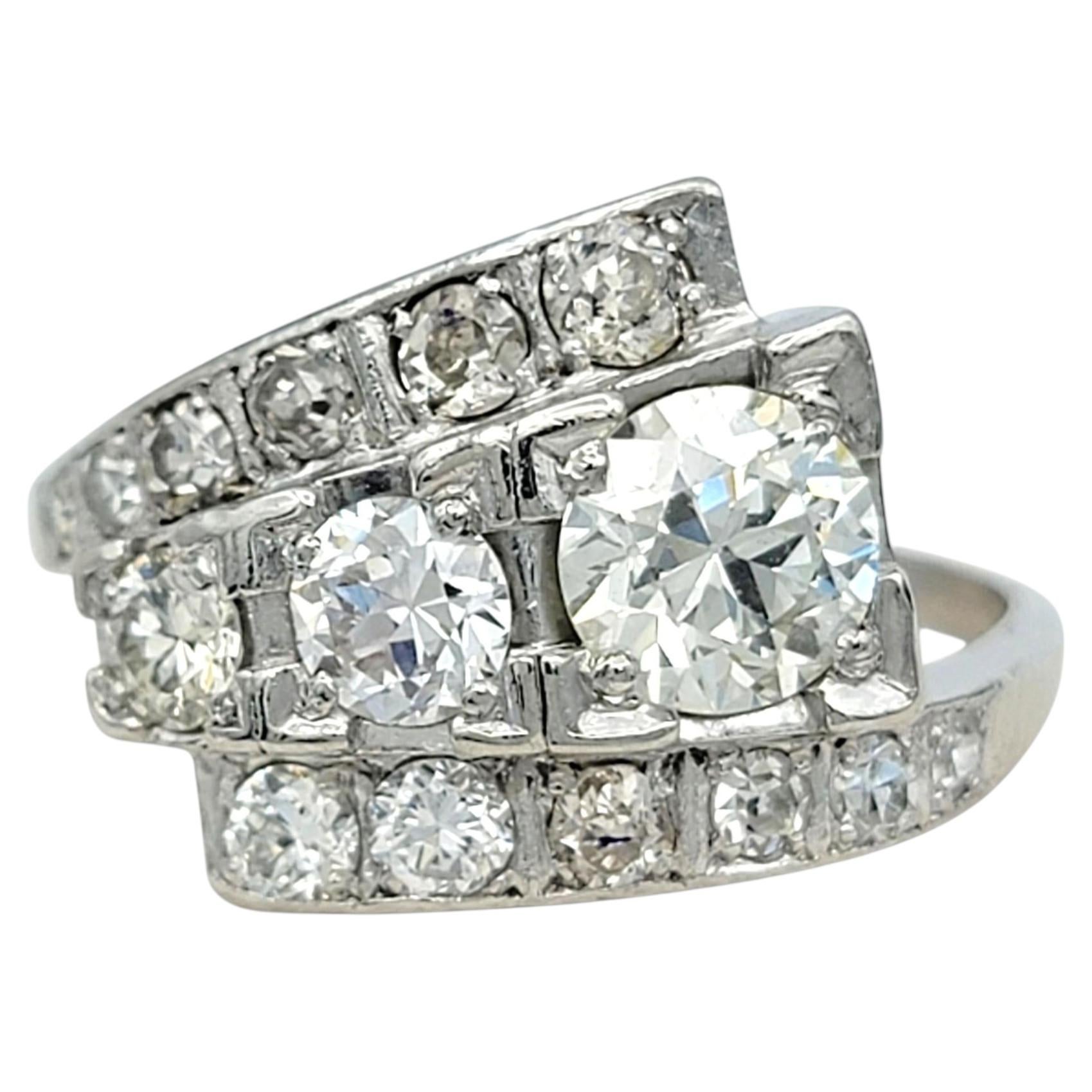Vintage Old European & Old Mine Cut Diamond Bypass Style Band Ring in Platinum