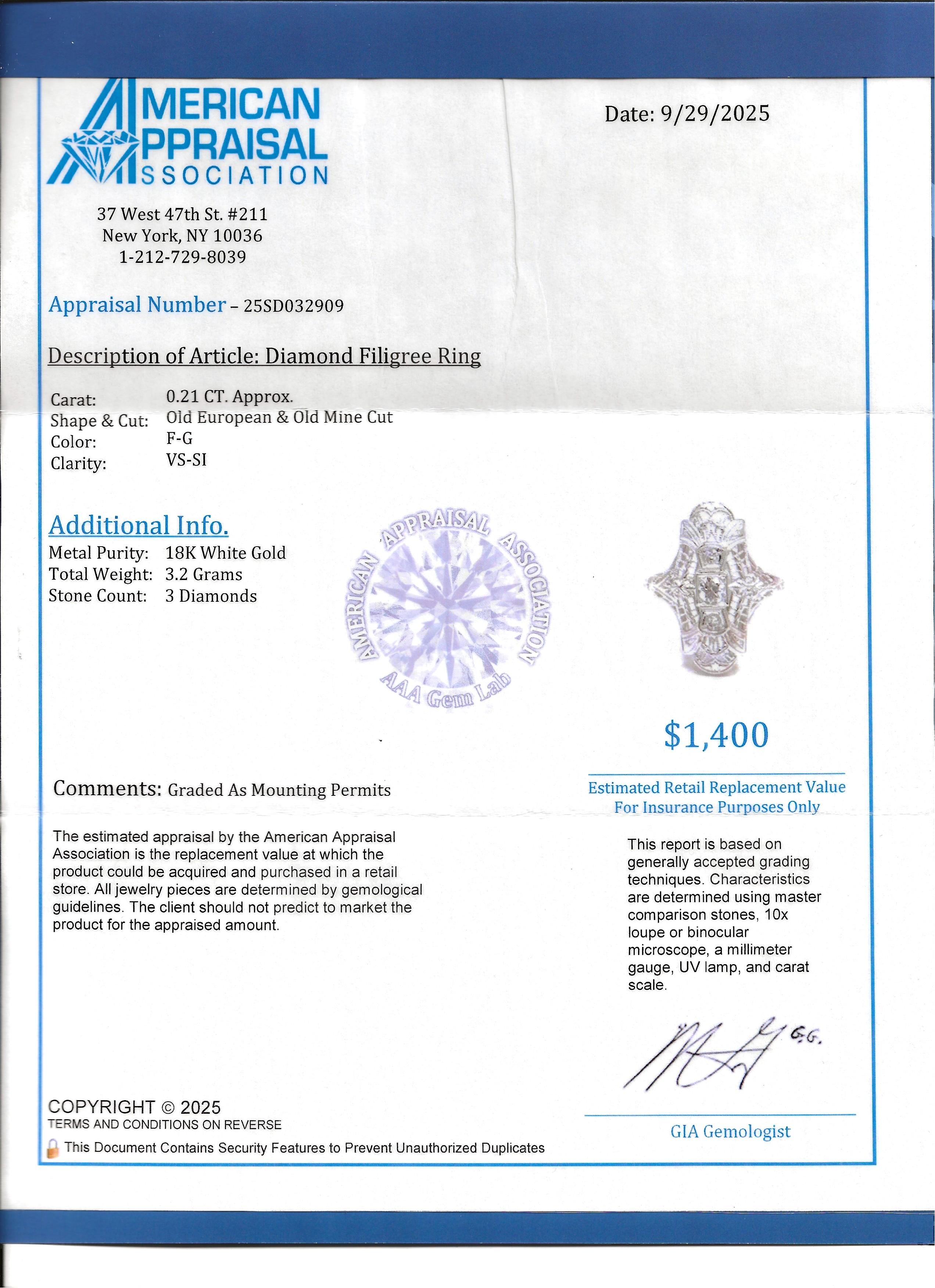 Vintage Old European & Old Mine Cut Diamant Filigran Ring in 18 Karat Weißgold im Angebot 4