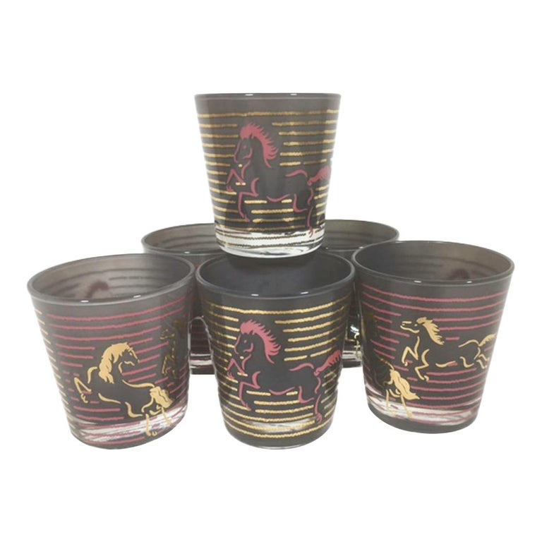 Vintage Old Fashion Glasses with Smokey Frosted Interiors and Enameled Horses For Sale at 1stDibs