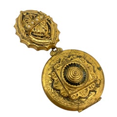 Vintage old gold tone small pearls locket dangle brooch clip